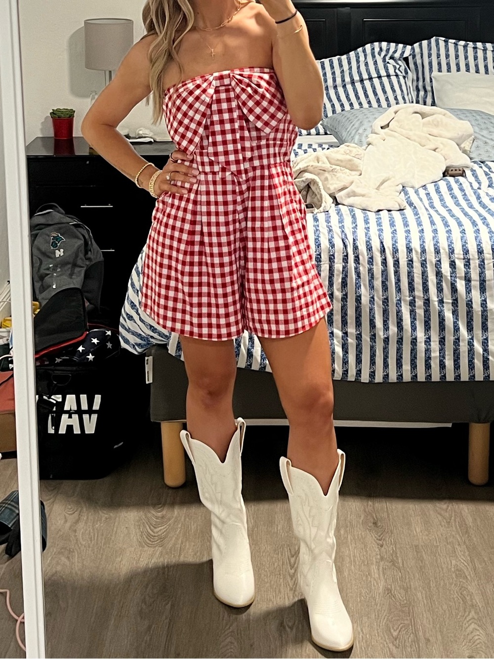 Red and White Gingham Strapless Romper